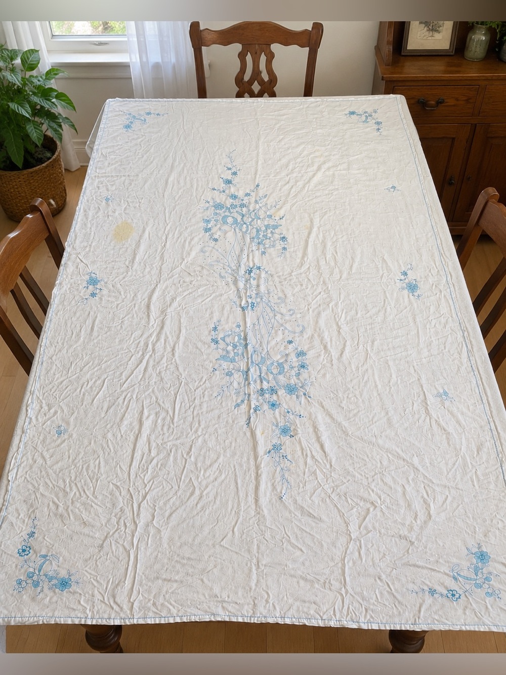 Vintage Embroidered Tablecloth | White with Blue Floral Embroidery
